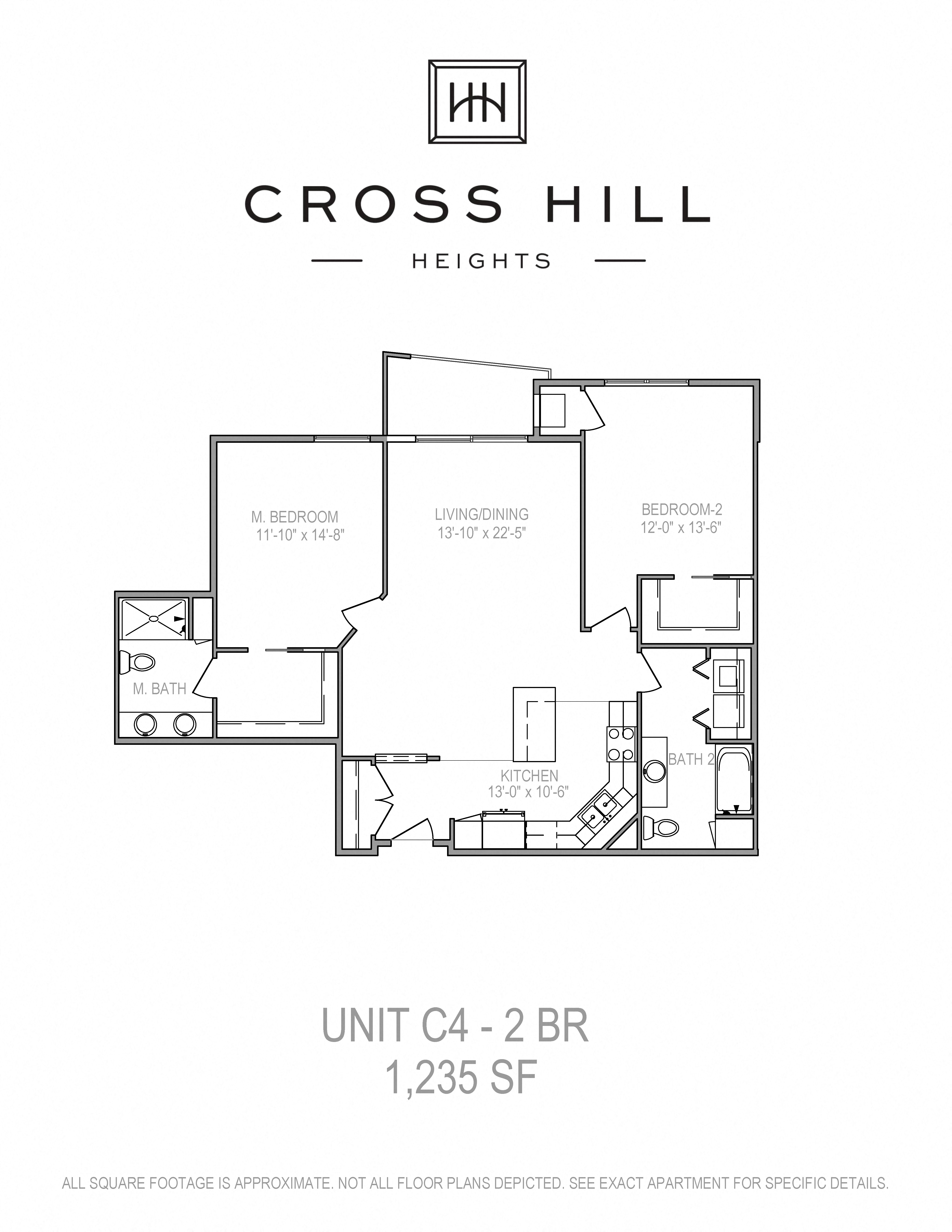 Floor plan for 2 beds, 2 baths, 1235 sqft
